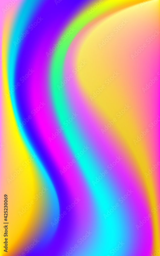 Holographic foil neon color poster. Trendy glitch bright color waves. Blur colorful pattern. Fluid art liquid ink vector illustration