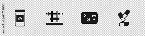 Set Anabolic drugs, Bench with barbel, Fitness club, gym card and Vitamin pill icon. Vector