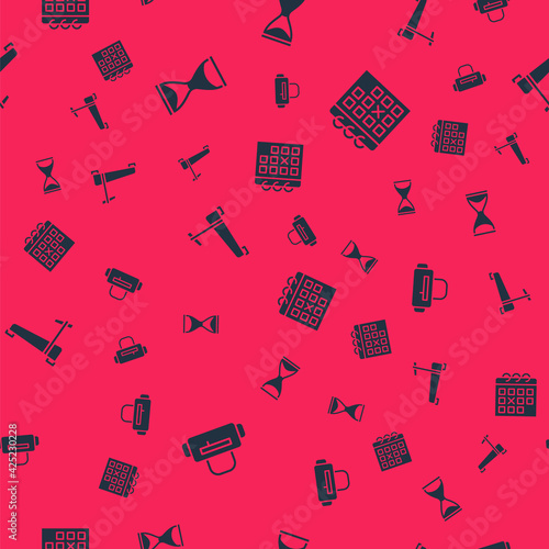 Set Sport bag, Old hourglass, Treadmill machine and Calendar fitness on seamless pattern. Vector
