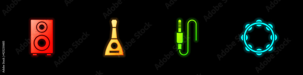 Set Stereo speaker, Balalaika, Audio jack and Tambourine icon. Vector Set Stereo speaker, Balalaika, Audio jack and Tambourine icon. Vector