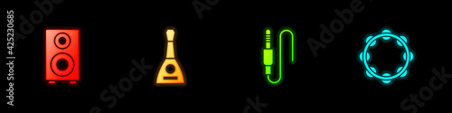 Set Stereo speaker, Balalaika, Audio jack and Tambourine icon. Vector