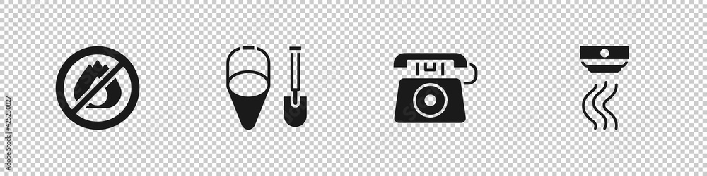 Set No fire, Fire shovel and bucket, Telephone call 911 and Smoke alarm system icon. Vector Set No fire, Fire shovel and bucket, Telephone call 911 and Smoke alarm system icon. Vector