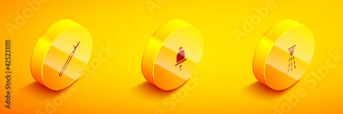 Set Isometric Metal pike pole, Ringing alarm bell and Fire sprinkler icon. Vector