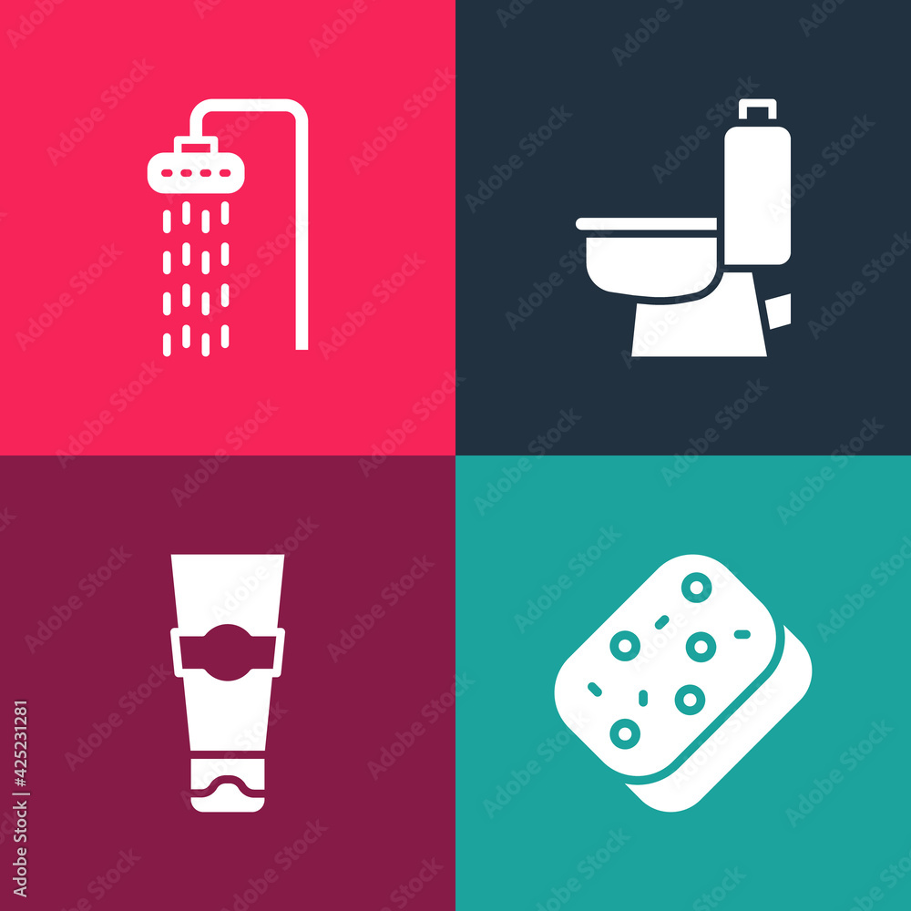 Set pop art Sponge, Tube of toothpaste, Toilet bowl and Shower icon. Vector Set pop art Sponge, Tube of toothpaste, Toilet bowl and Shower icon. Vector