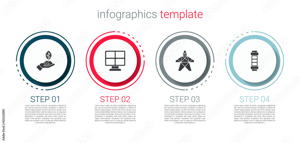 Set Plant in hand, Solar energy panel, Electric tower and Battery. Business infographic template. Vector Set Plant in hand, Solar energy panel, Electric tower and Battery. Business infographic template. Vector