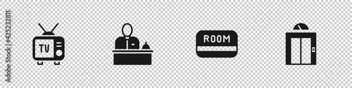 Set Retro tv, Hotel reception desk, key card and Lift icon. Vector