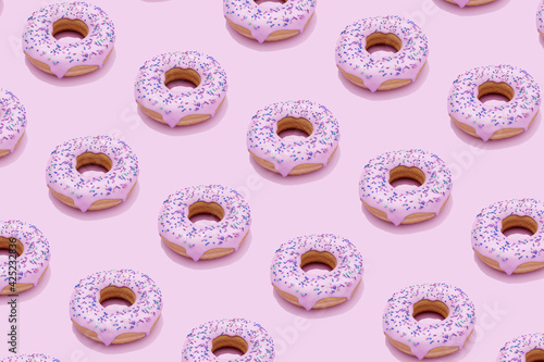 Repetitive pattern with sweet donuts with pink glaze and colorful sprinkles on pink background. 3d rendering.