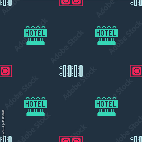 Set Electrical outlet, Heating radiator and Signboard with text Hotel on seamless pattern. Vector