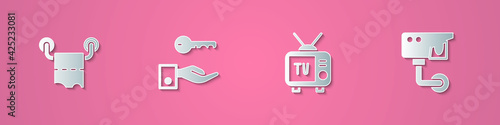 Set paper cut Toilet paper roll, Hotel door lock key, Retro tv and Security camera icon. Paper art style. Vector