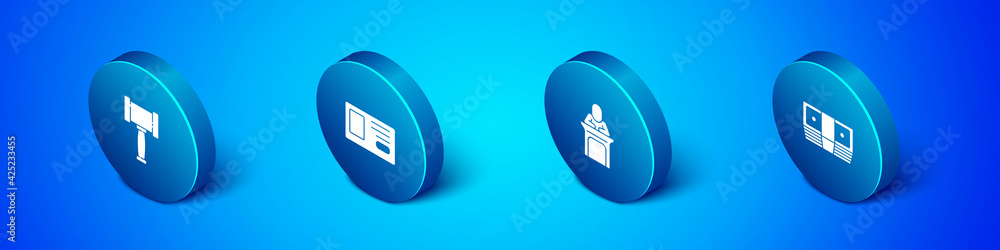 Set Isometric Judge gavel, , Bribe money cash and Identification badge icon. Vector Set Isometric Judge gavel, , Bribe money cash and Identification badge icon. Vector
