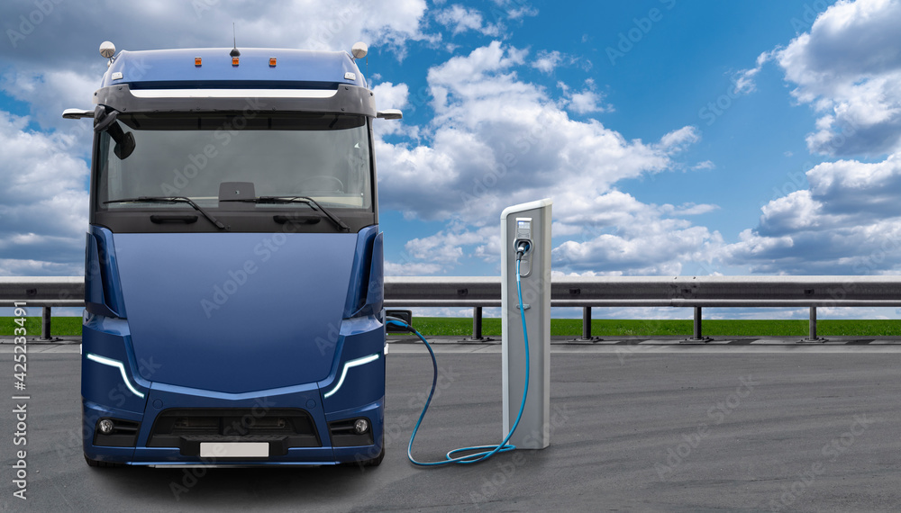 Electric truck with charging station. Concept	 - obrazy, fototapety, plakaty 