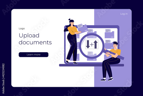 Woman earn money by uploading documents to the cloud. Man holding big loupe to see upload files and download dollars process. Make money online by working with documentation. Landing page