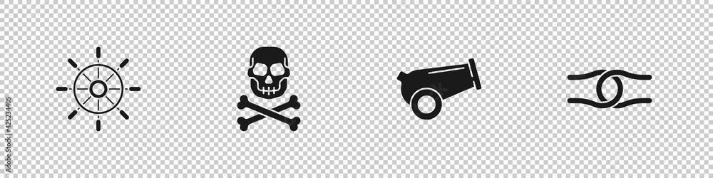 Set Ship steering wheel, Skull on crossbones, Cannon and Rope tied knot icon. Vector Set Ship steering wheel, Skull on crossbones, Cannon and Rope tied knot icon. Vector