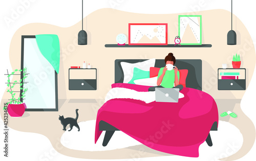 Vector colorful illustration of cosy bedroom interior with a woman working in bed with cup of coffee and laptop and cat walking near isolated on white background