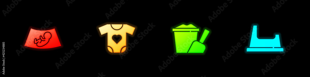 Set Ultrasound of baby, Baby clothes, Sand in bucket with shovel and potty icon. Vector Set Ultrasound of baby, Baby clothes, Sand in bucket with shovel and potty icon. Vector