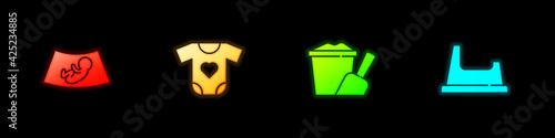 Set Ultrasound of baby, Baby clothes, Sand in bucket with shovel and potty icon. Vector