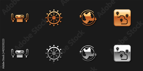 Set Poker table, Ship steering wheel, Worldwide and Route location icon. Vector