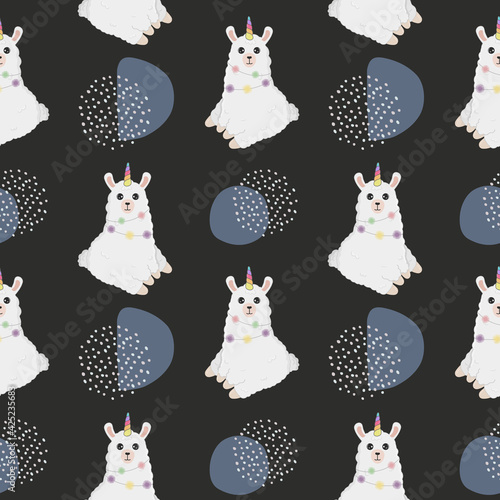 Seamless pattern with cartoon llama (alpaca) with unicorn horn.  Baby background for wrapping paper,  greeting cards, design. Funny little alpaca
