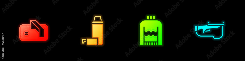 Set Ice hockey goal, Thermos container, Christmas sweater and Biathlon rifle icon. Vector Set Ice hockey goal, Thermos container, Christmas sweater and Biathlon rifle icon. Vector