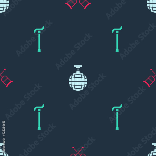 Set Crutch or crutches, Disco ball and Walking stick cane on seamless pattern. Vector