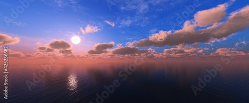 Beautiful sea sunset, panorama of the ocean at sunset, sunrise over the sea,, 3d rendering