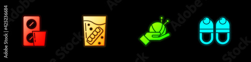 Set Pills in blister pack, False jaw glass, Yarn ball with knitting needles and Slippers icon. Vector