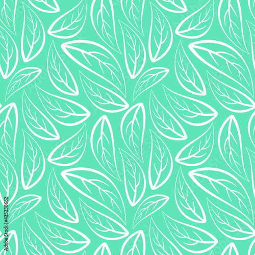 Abstract floral seamless pattern with outline white leaves on mint background. Vector illustration.