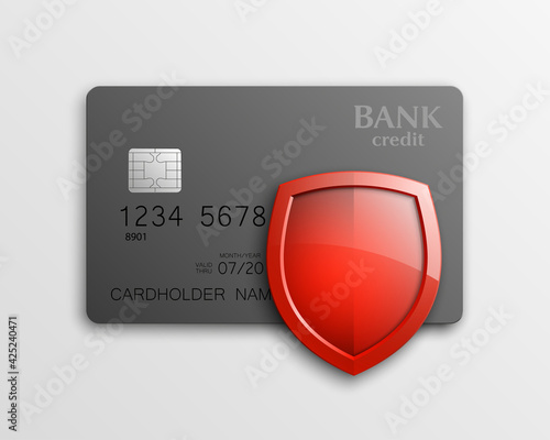 Protection shield Credit card. Safety badge banking icon. Defense safeguard finans icon. Security Plastic card software. Debit card guard electromagnetic chip. Privacy Electronic money funds transfer.