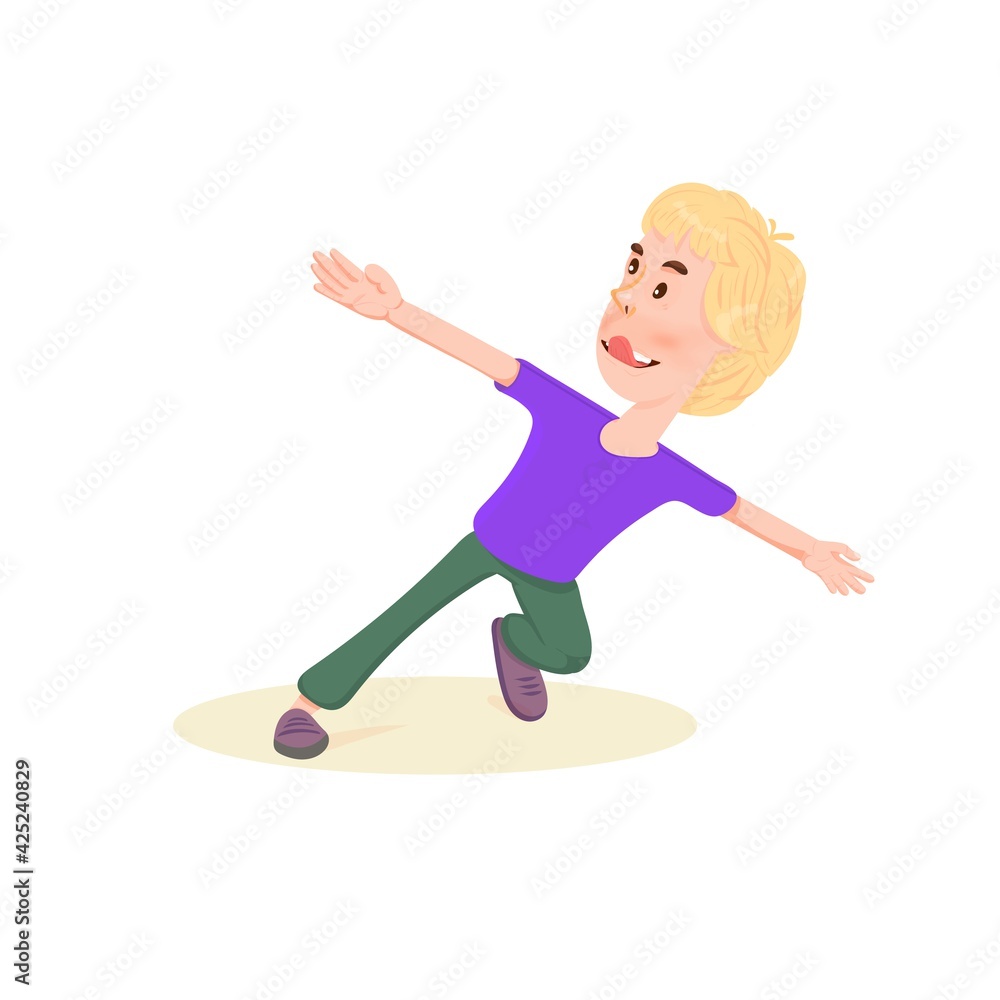 Boy with arms outstretched in different directions runs, flat style cartoon character. Boy with arms outstretched in different directions runs, flat style cartoon character.