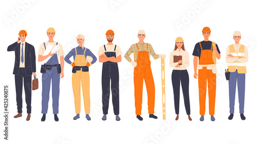 Fényképezés Group of construction workers in uniform, men and women of different specialties