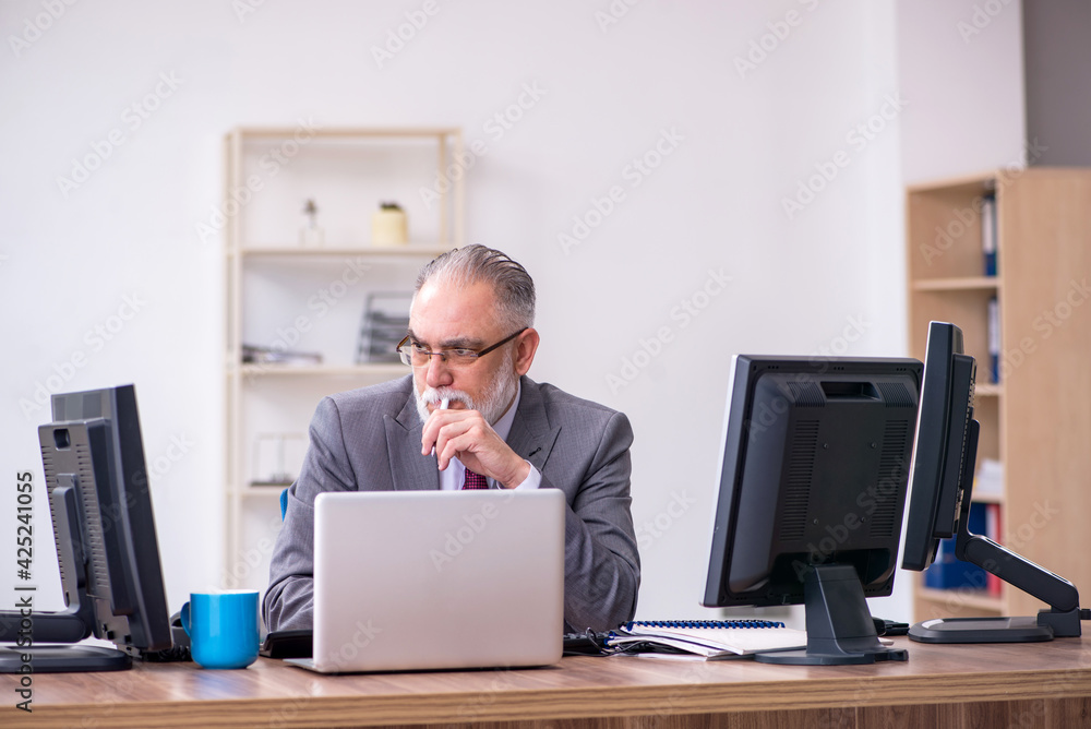 Old male boss sitting at desktop in the office Old male boss sitting at desktop in the office