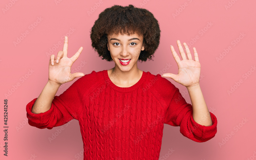Young hispanic girl wearing casual clothes showing and pointing up with fingers number eight while smiling confident and happy. Young hispanic girl wearing casual clothes showing and pointing up with fingers number eight while smiling confident and happy.
