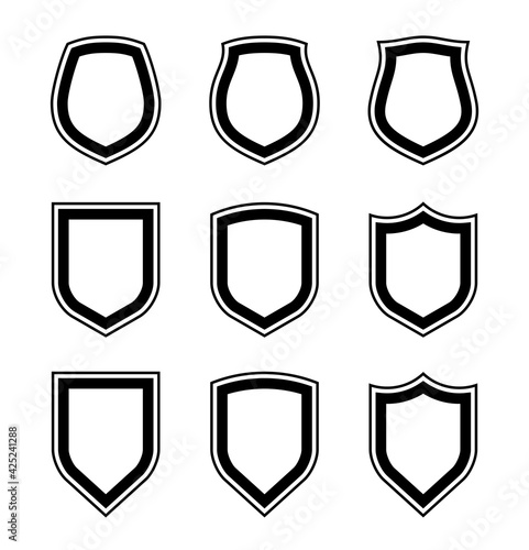Protect guard shield plain line concept. Outline shield badge. Safety icon set. Privacy banner kit. Security label. Flat style protect sticker symbol shape. Safeguard simple sign linear pictogram