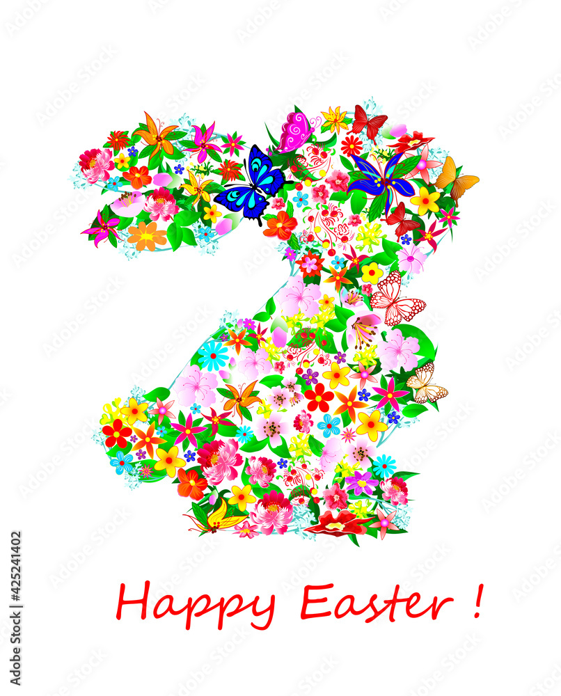 Bunny flowers Easter spring. Cartoon Rabbit is decorated with flowers. The flowers are arranged in the shape of a rabbit. Easter, spring. Greeting card