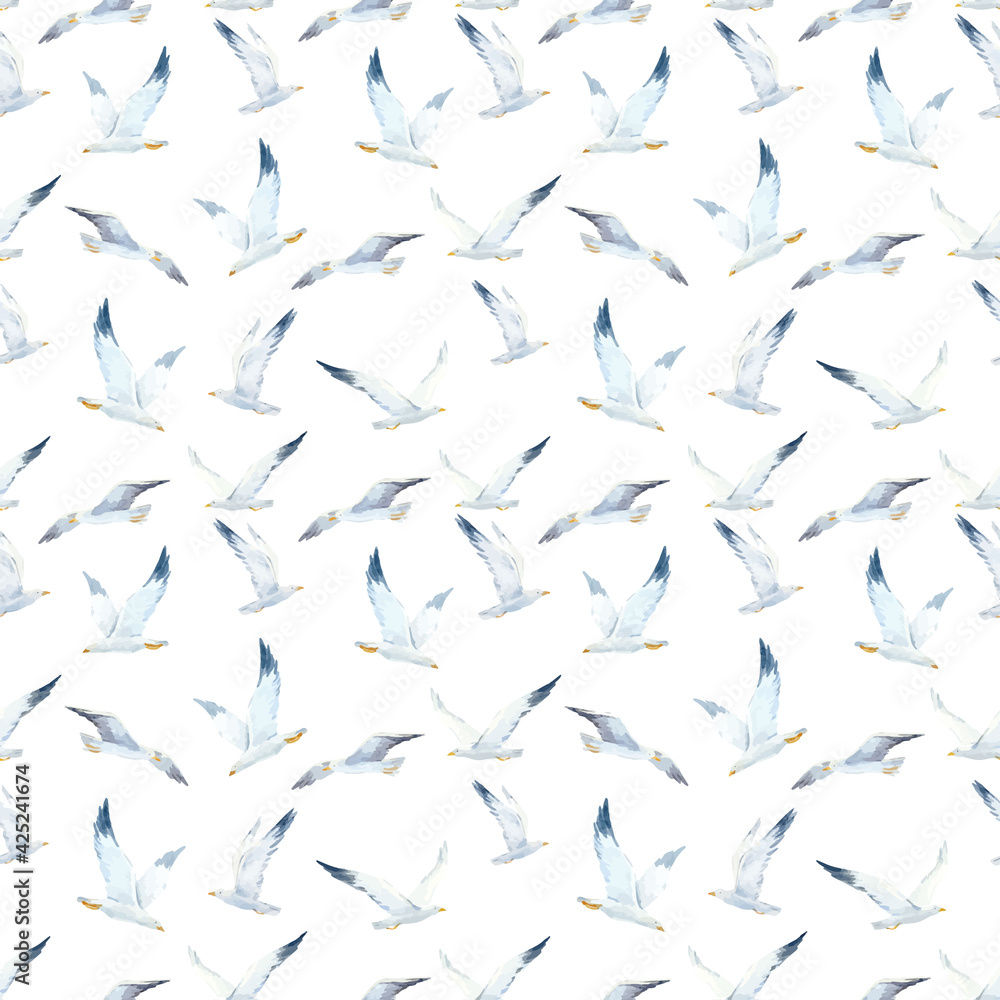 Beautiful vector seamless pattern with cute watercolor seagulls. Stock illustration.