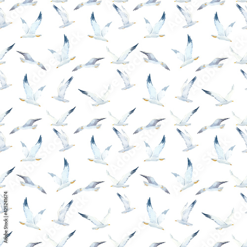 Beautiful vector seamless pattern with cute watercolor seagulls. Stock illustration.