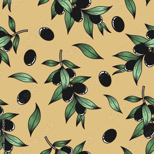 BLACK OLIVES ON A BEIGE BACKGROUND IN VECTOR