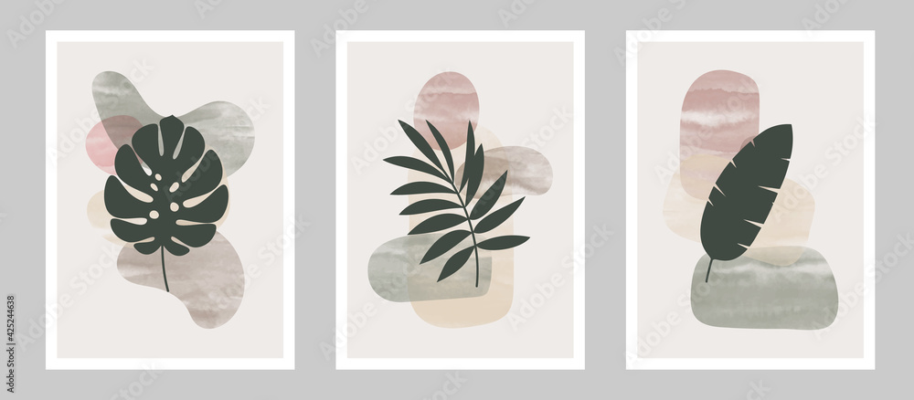 Set of modern abstract leaves with different shapes for wall decoration art, postcard or brochure cover. EPS10 vector illustrations design. Set of modern abstract leaves with different shapes for wall decoration art, postcard or brochure cover. EPS10 vector illustrations design.