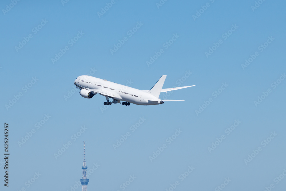 Obraz premium 青空を背景に羽田空港を離陸する飛行機