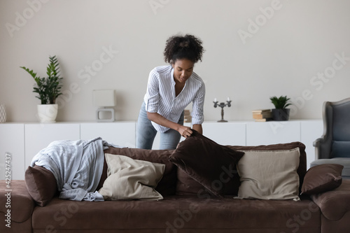 Young African American woman clean cozy new modern apartment or house on weekend day. Millennial biracial female renter or tenant decorate design comfortable couch in living room at home. photo