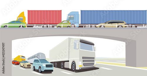 Autobahnbrücke mit LKW, Bus und Personenwagen