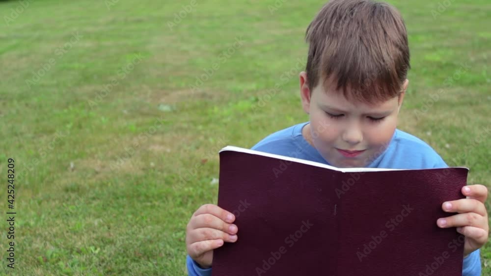 A serious child is sitting on the grass. He holds a book in his hands and reads it A serious child is sitting on the grass. He holds a book in his hands and reads it
