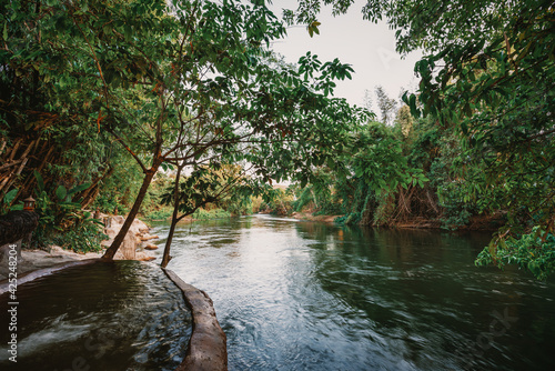 beautiful blue sky lake view high peak jungle mountains green river forest at Kaeng Krachan dam National Park, Phetchaburi, Thailand.