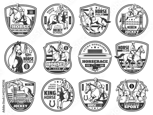 Horse racing, equestrian rides and horse race polo club vector emblem icons. Equine steeplechase championship and jockey school badges, mustang trotter on hippodrome, equestrian sport cup signs