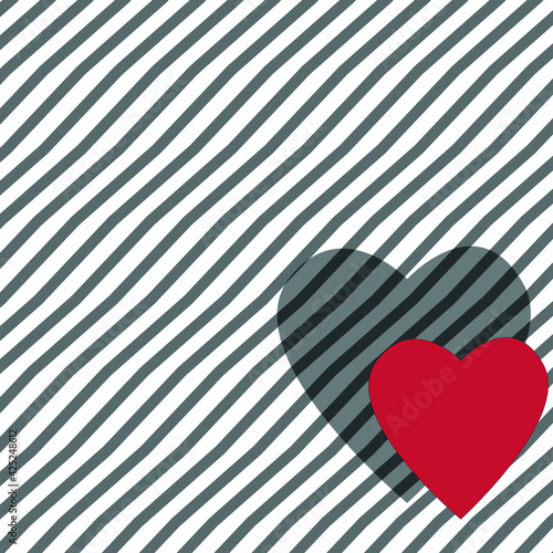 Abstract vector background. Red heart with big shadow on black and white curved strips.