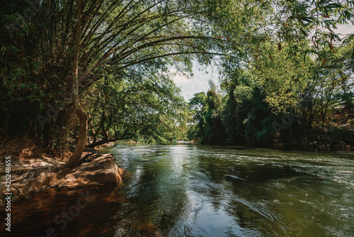 beautiful blue sky lake view high peak jungle mountains green river forest at Kaeng Krachan dam National Park, Phetchaburi, Thailand.