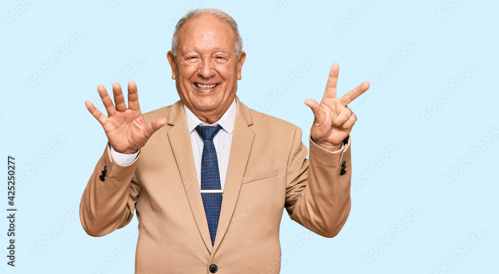 Senior caucasian man wearing business suit and tie showing and pointing up with fingers number eight while smiling confident and happy. Senior caucasian man wearing business suit and tie showing and pointing up with fingers number eight while smiling confident and happy.