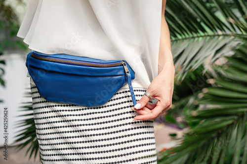 Blue Leather Zipper Belt Pouch, Sling Crossbody Bag Women.