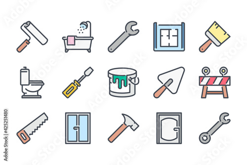 Renovation and home repair color line icon set. Building tools and equipment linear icons. Construction site and house improvement colorful outline vector sign collection.