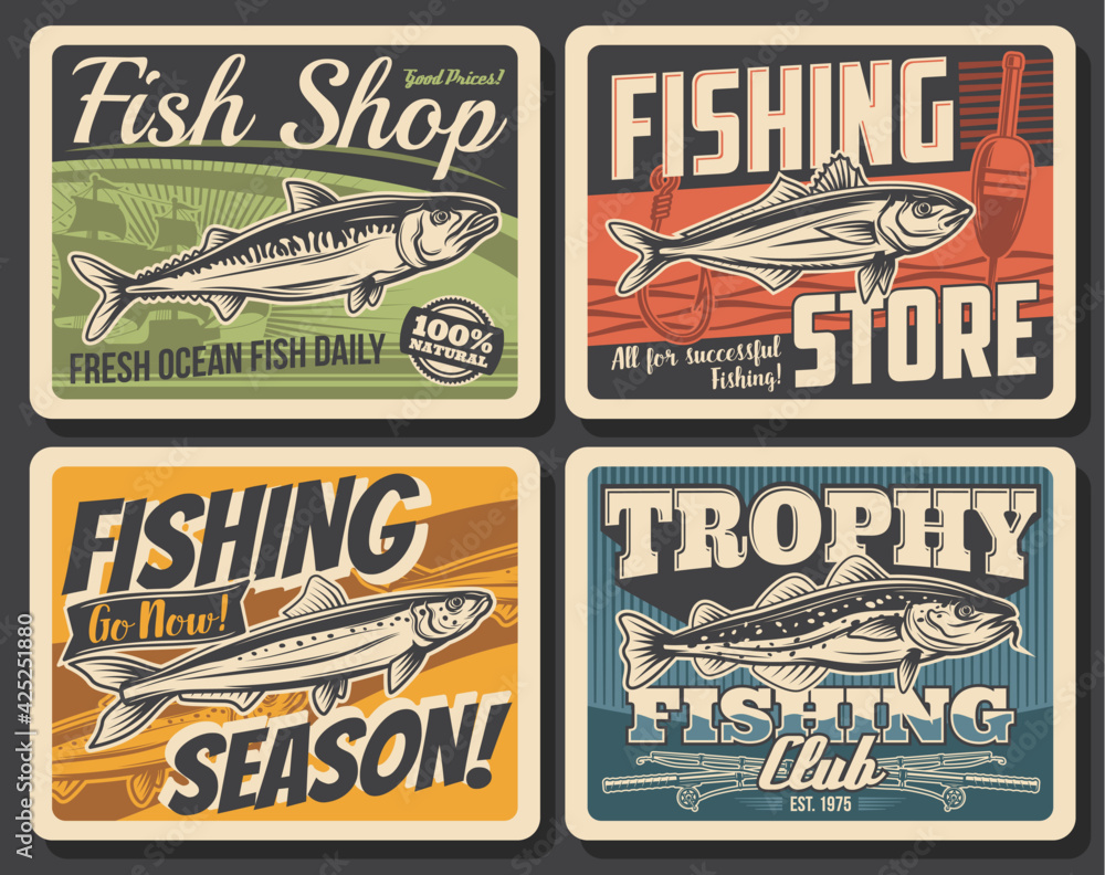 Fishing sport club retro posters with vector ocean fish, fishing rod, boat and fisherman tackle. Salmon, bass, catfish and anchovy, spinning rods, hooks, ship and float with water waves